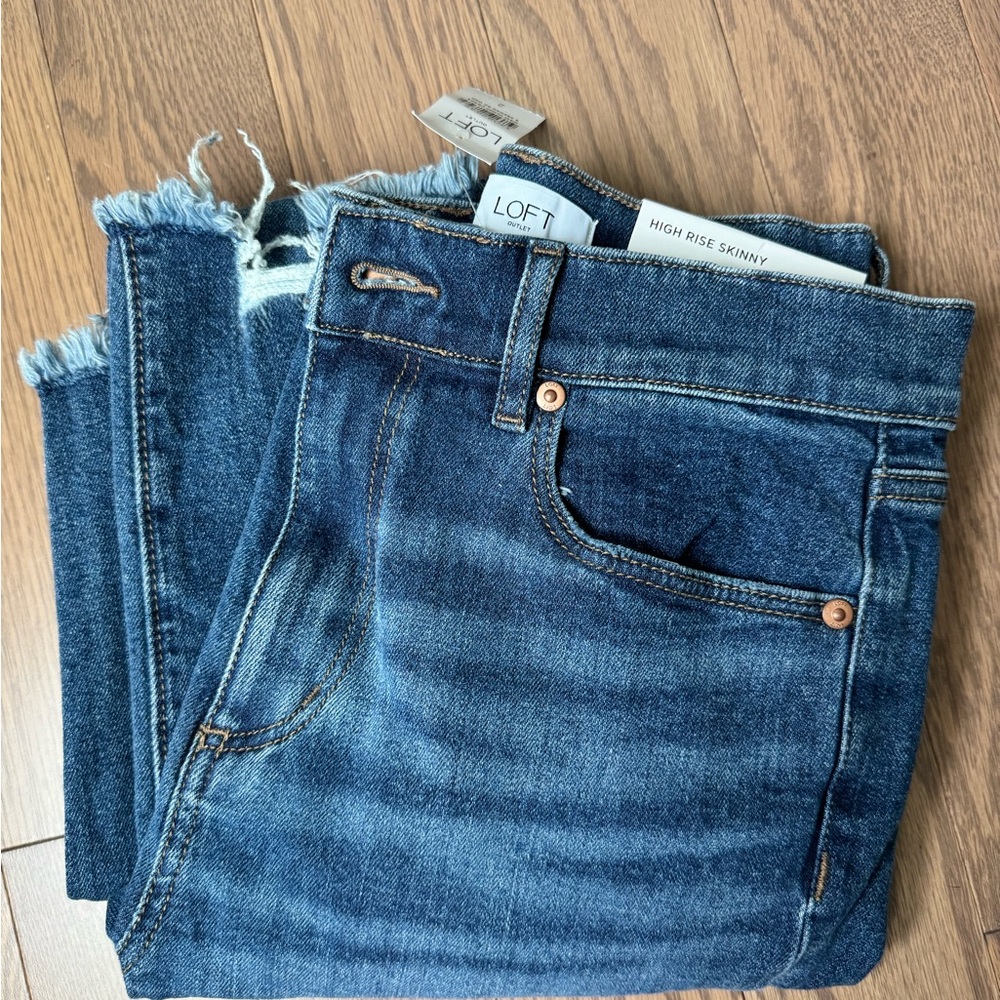 LOFT High Rise Skinny Distressed Hem Blue Jeans